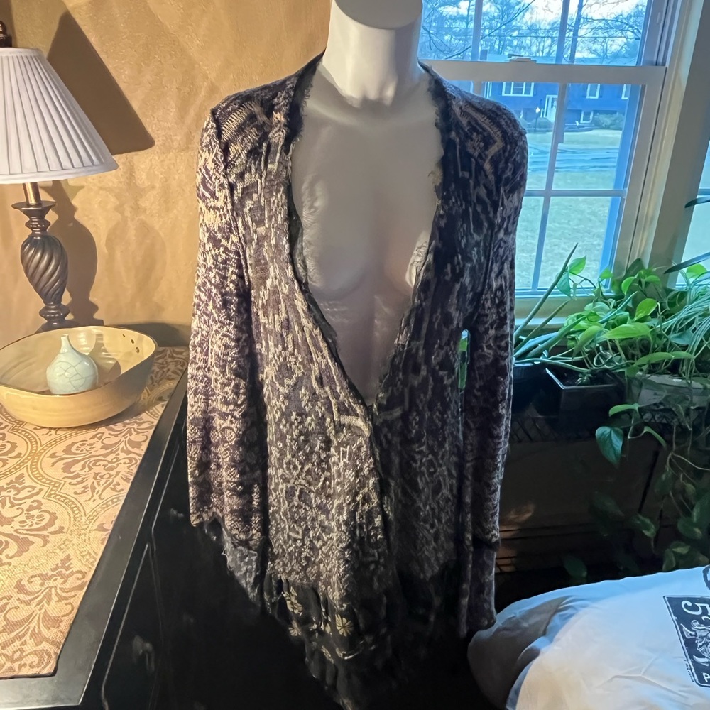 Free People long sweater with tulle accents on neckline, back and sleeves. Large